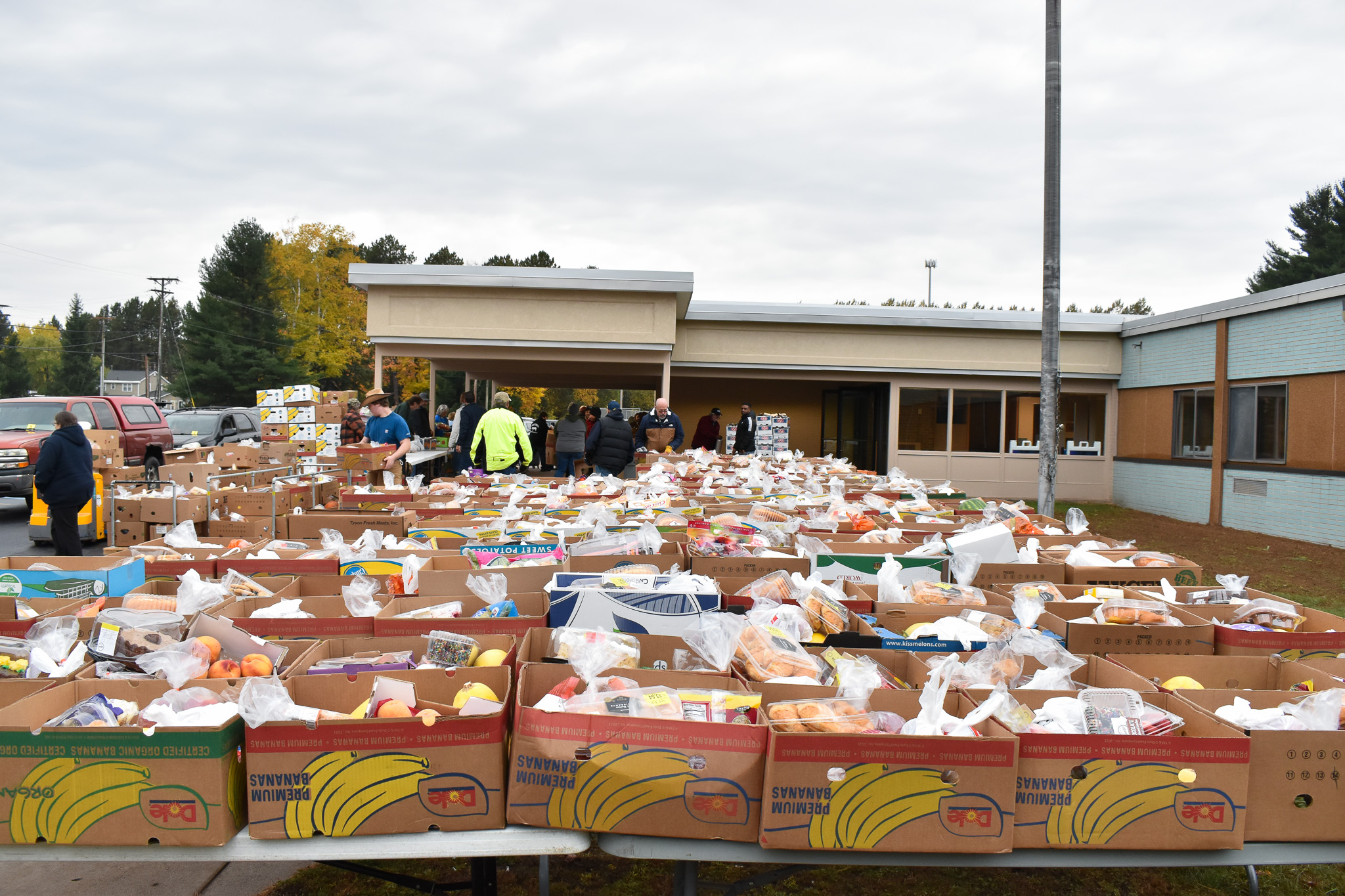 Boxes of food lined up at a Mobile Food Pantry