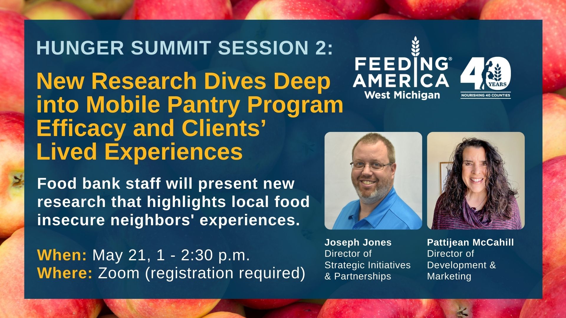 Hunger Summit Session 2 - New research dives deep into mobile pantry program efficacy and client's lived experiences - food bank staff will present new research that highlights local food insecure neighbors' experiences - May 21, 1-2:30 PM on Zoom (registration required)